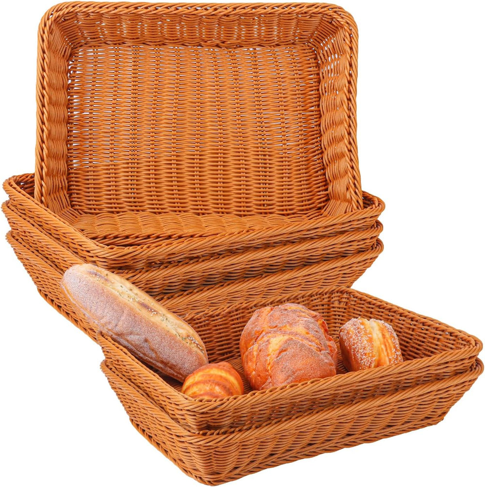 6 Pack 16 Inch Brown Wicker Bread Basket, Handmade Woven Organizer, Rectangul...