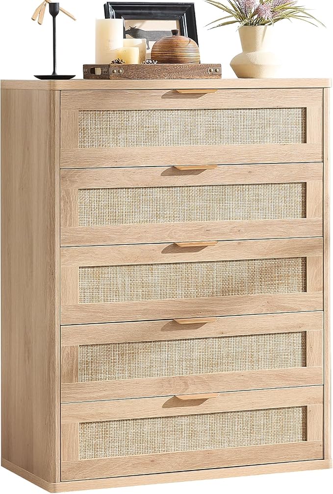 LEYAOYAO Rattan Dresser for Bedroom, Modern 5 Drawers Boho Dressers by LEYAOYAO-Findtheshiningpointofyourideallife%EF%BC%81