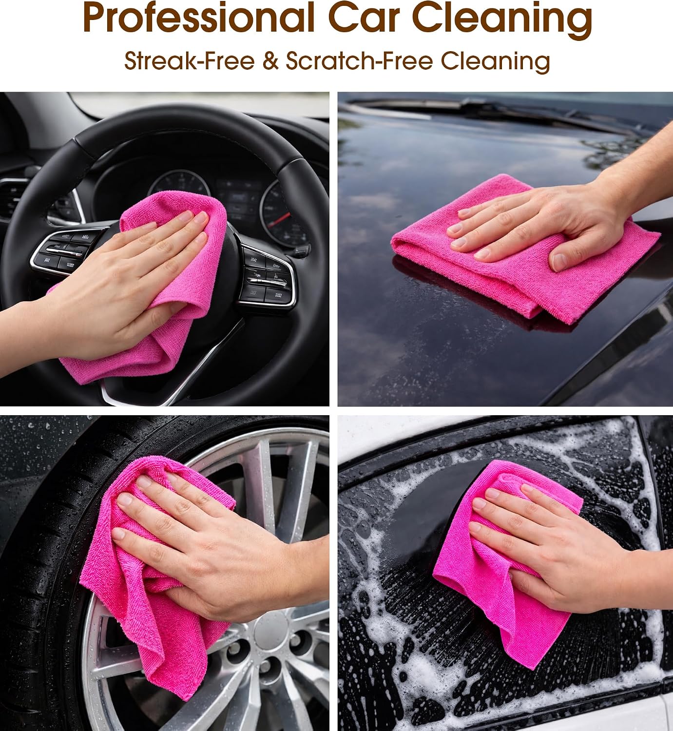 Microfiber Cleaning Cloth Roll, 100 Pack, 12 x 12 Inch Tear Away Reusable Paper Towels, Thick Cleaning Towels, Absorbent Lint Free Washable Rags for Kitchen, Car, Garage and Workshop - Hot Pink