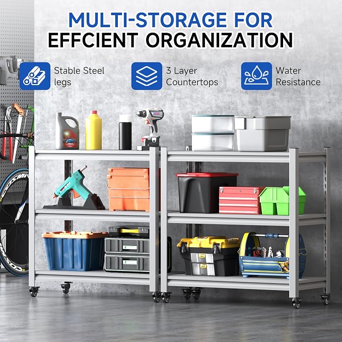 34''W Garage Heavy Duty 3-Tier Adjustable Storage Rack, Steel Shelving - Image 3