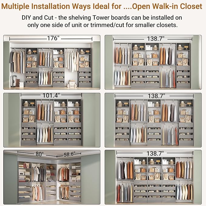 Aheaplus Closet System Set of 3, 138.5" Wood Closet Organizer System Tower - Image 4