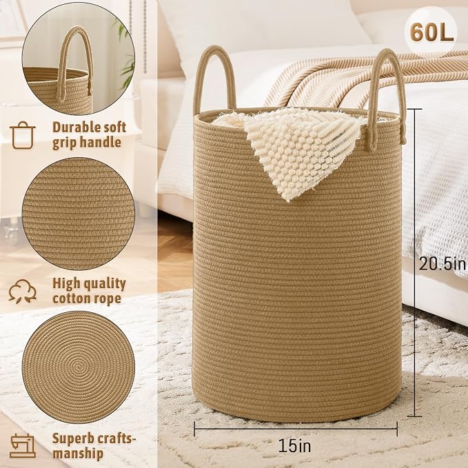 Laundry Basket, Woven Cotton Rope Laundry Hamper, 60L - Image 6