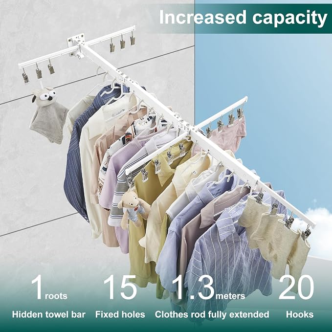 Hoimpro White 51" Clothes Drying Rack Retractable Foldable Wall Mounted - Image 2