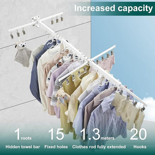 Hoimpro White 51" Clothes Drying Rack Retractable Foldable Wall Mounted - Image 2