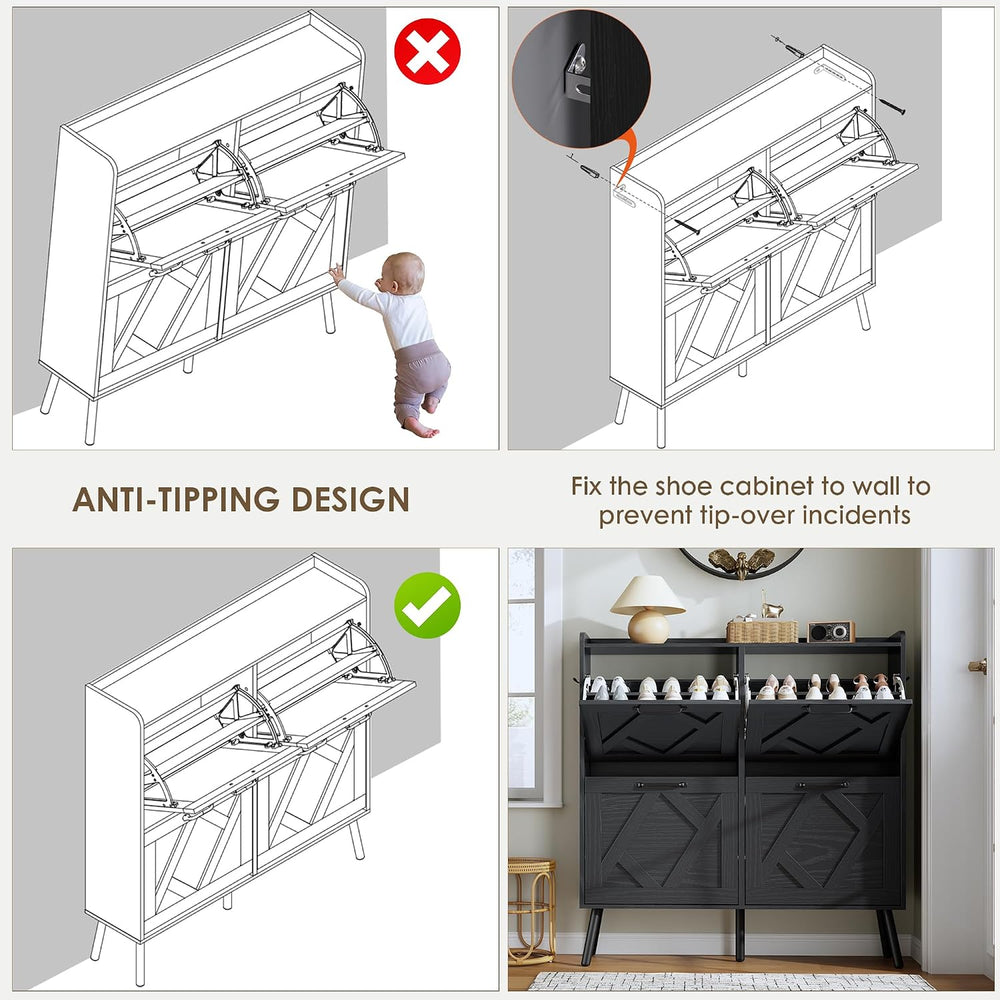 Nicetree Shoe Cabinet with 4 Flip Drawers, Hidden Shoe Rack Cabinet with Meta...
