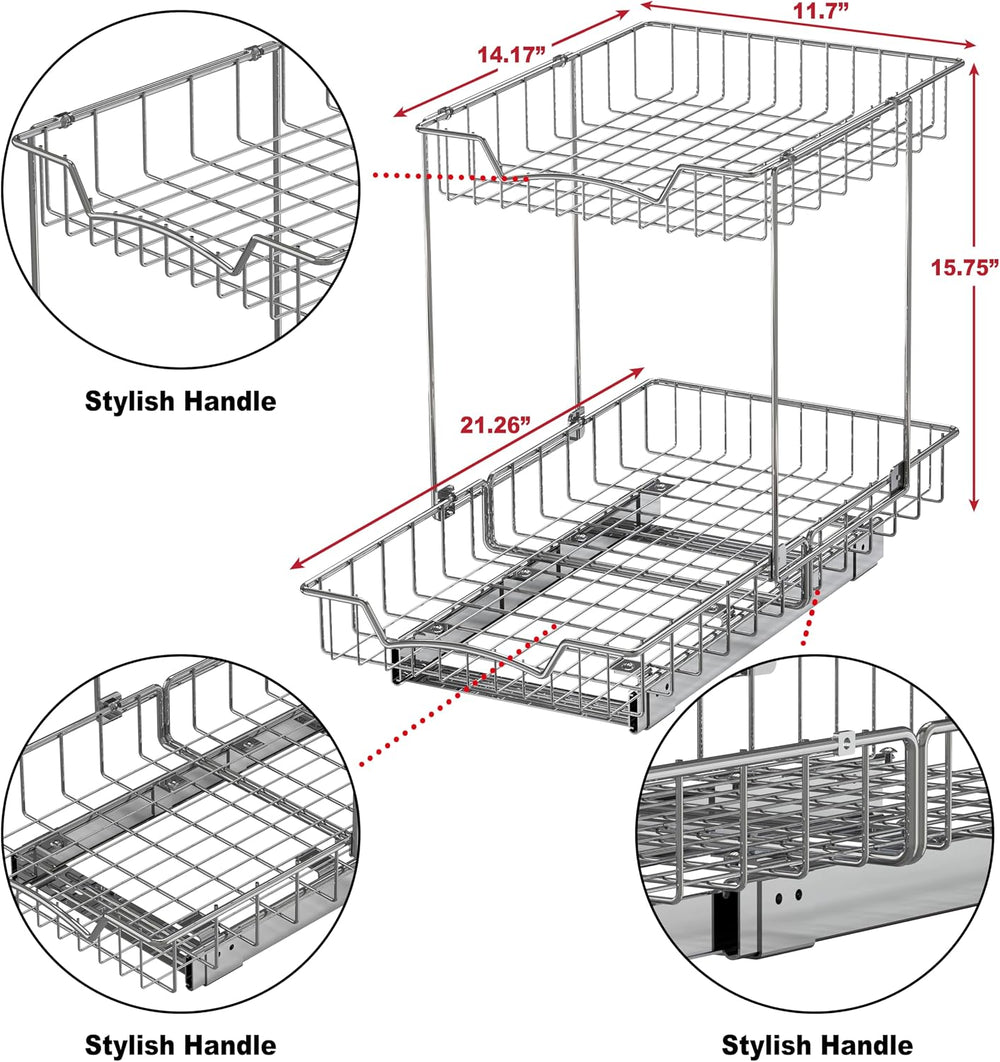 Simple Houseware 2-Tier (L+L) Pull Out Under Cabinet Sliding Shelf, Chrome