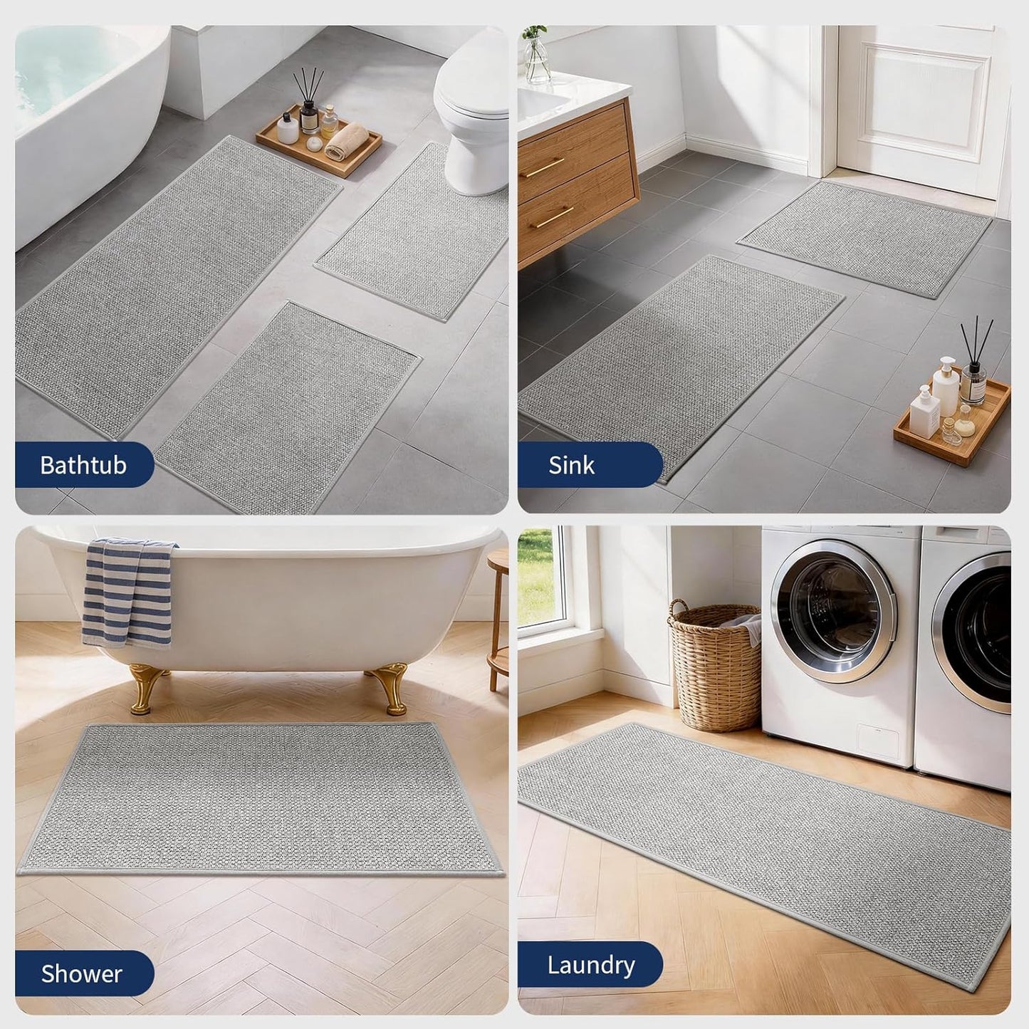 YIHOUSE Gray Bathroom Rugs Sets 3 Piece, Quick Dry Thin Bath Mat with Toilet Rug, Non Slip Absorbent Machine Washable, Bath Runner Rugs for Bathtub Sink Home Decor