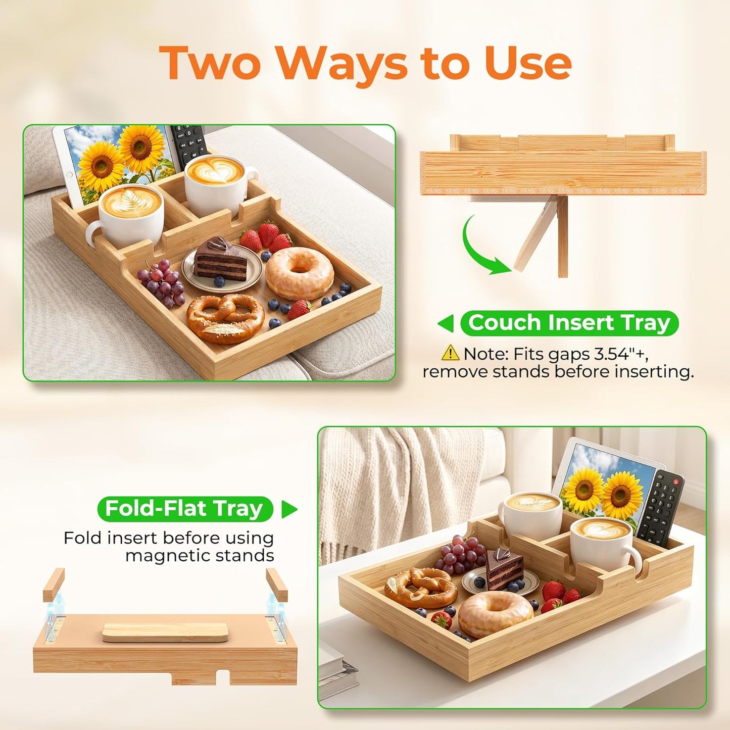 Couch Tray Insert for Middle Seat, Bamboo Couch Table with 2 Cup Holders, Natural, Fits Armless Sofa & Sectionals