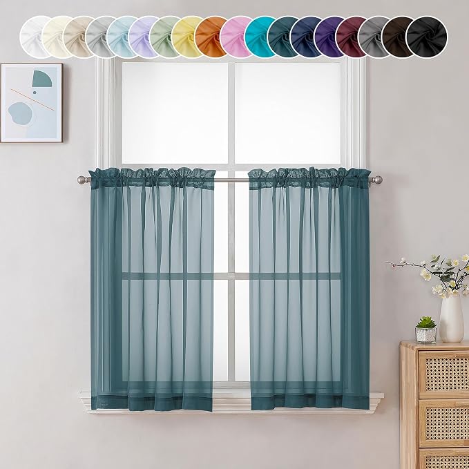 Chyhomenyc Sheer Stone Blue Tier Curtains 24 Inch Length, Small Window Curtains by Chyhomenyc