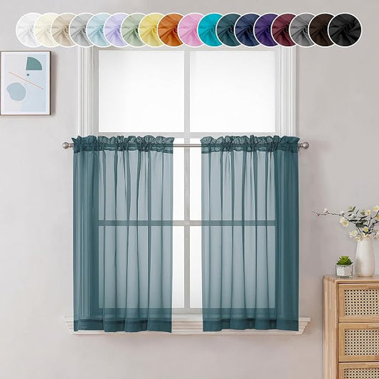 Chyhomenyc Sheer Stone Blue Tier Curtains 24 Inch Length, Small Window Curtains by Chyhomenyc