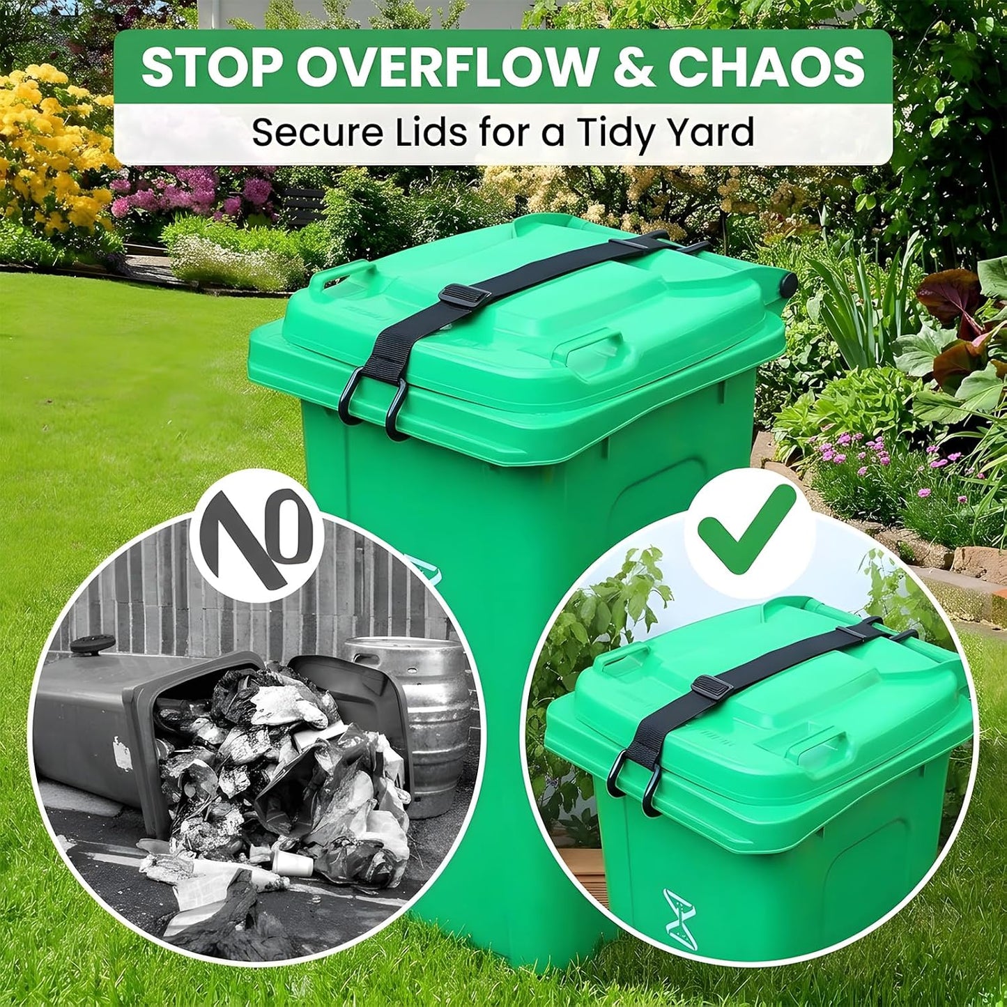 Metal Double Claw Trash Can Lid Lock | Animal‑proof, windproof strap with universal fit for 28–96 gallon bins. Adjustable non‑slip hooks and no‑drill lid closure