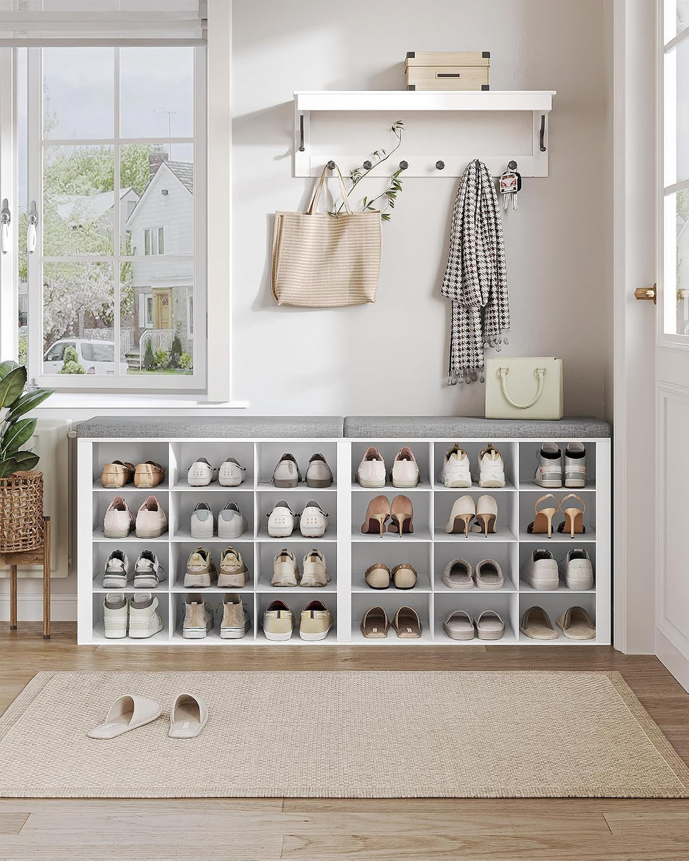 Hzuaneri Shoe Storage Bench with Cushion, Storage Bench with 24 Cubbies