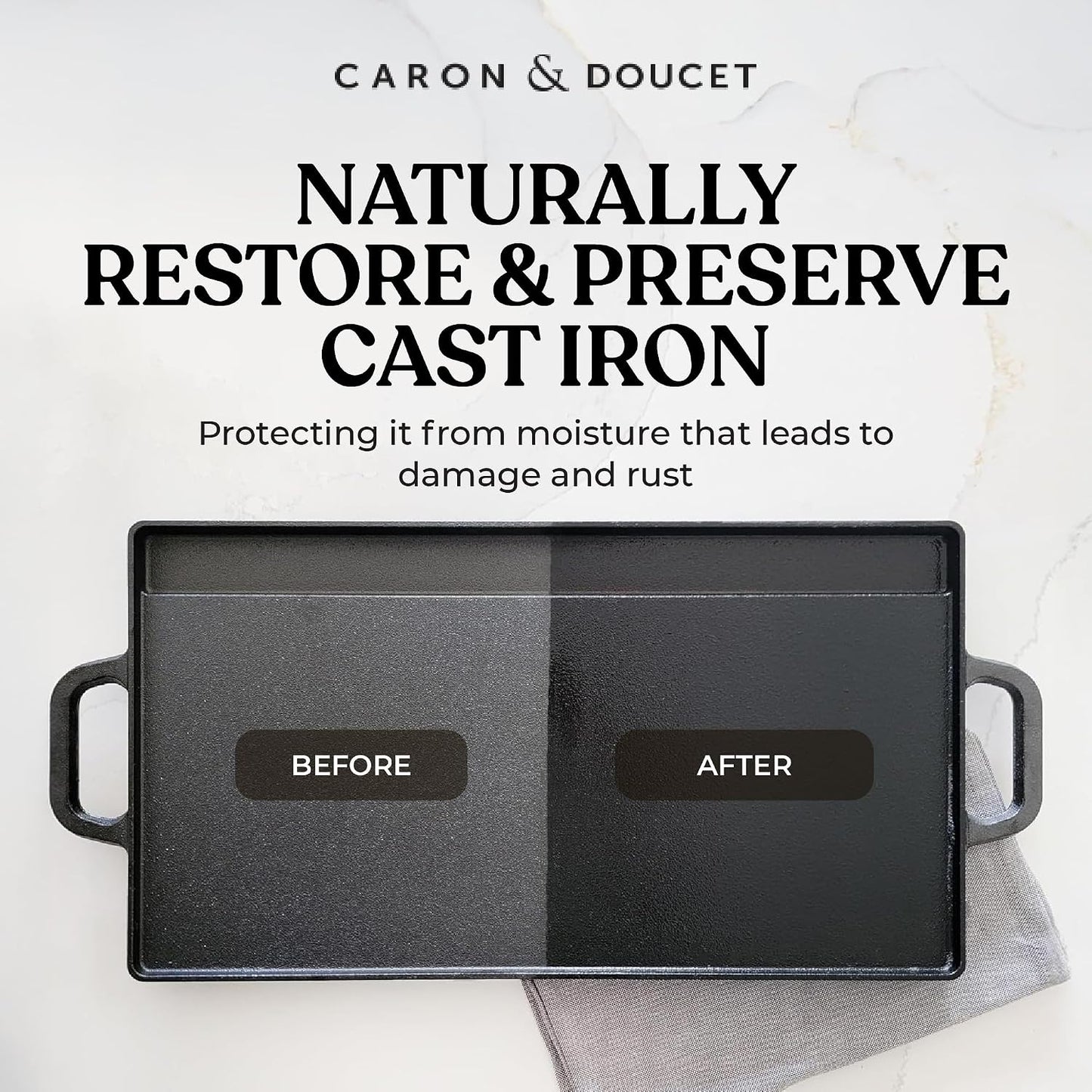 CARON & DOUCET - Cast Iron Cleaning & Conditioning Set PLUS: Seasoning Oil & Cleaning Soap | 100% Plant-Based | Best for Washing, Restoring & Seasoning Cast Iron Skillets, Pans & Grills - 16oz Each