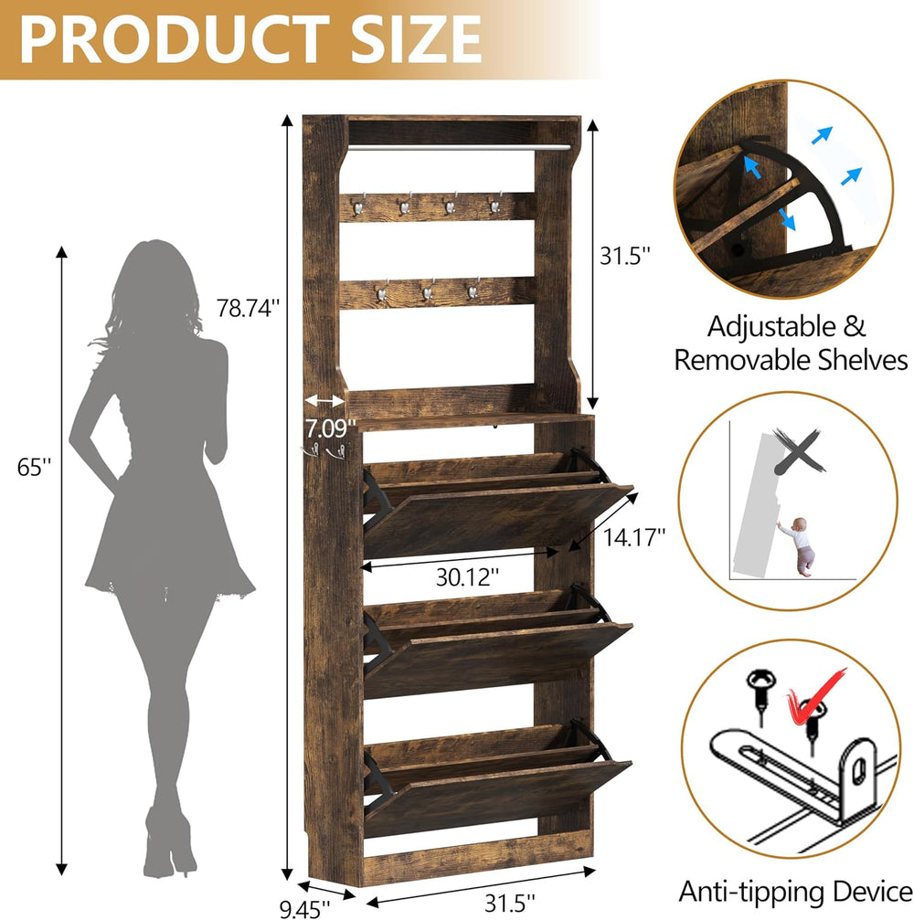 Wodeer Tall Shoe Cabinet with Coat Rack, Hidden Shoe Storage Cabinet with Doo...
