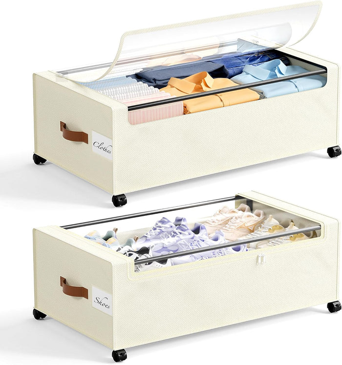 Yecaye 95L Under Bed Storage Containers, Fits 11" Under Bed, 2 Pack, Beige