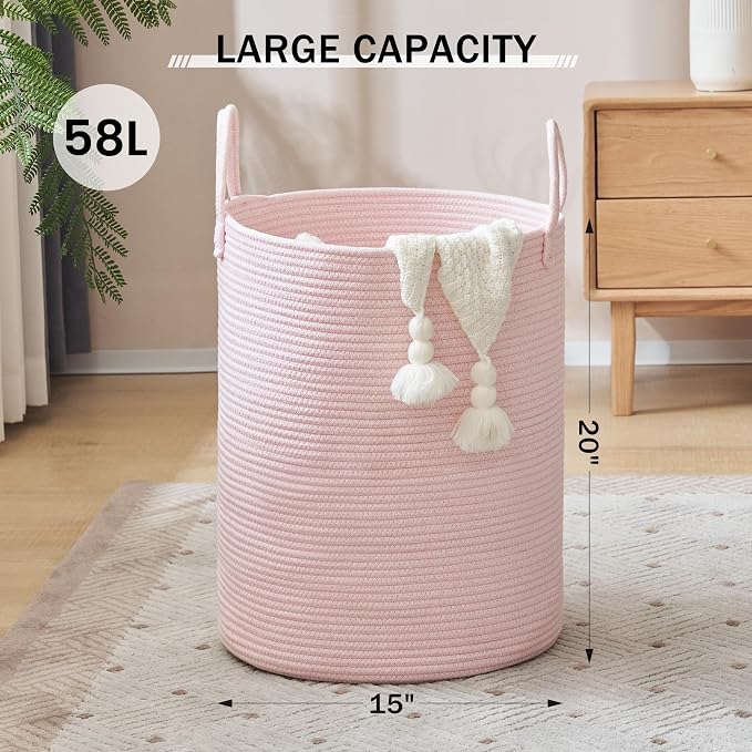 YOUDENOVA Woven Rope Laundry Hamper, 58L Tall Luandry Basket, Baby Nursery - Image 2