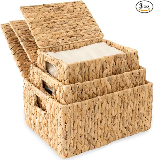 Wicker Storage Baskets with Lid, Set 3 Basket With Lid Decorative Storage by KOLWOVEN