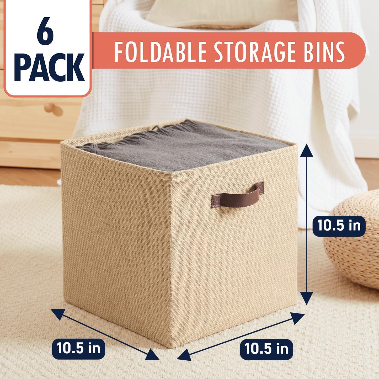 Ornavo Home 10.5x10.5 Jute Storage Cube Bins, 6 Pack, Leather Handles | Foldable Collapsible Fabric Shelf Basket Organizer; Ideal for Closet Storage; Storage Cube Organizers