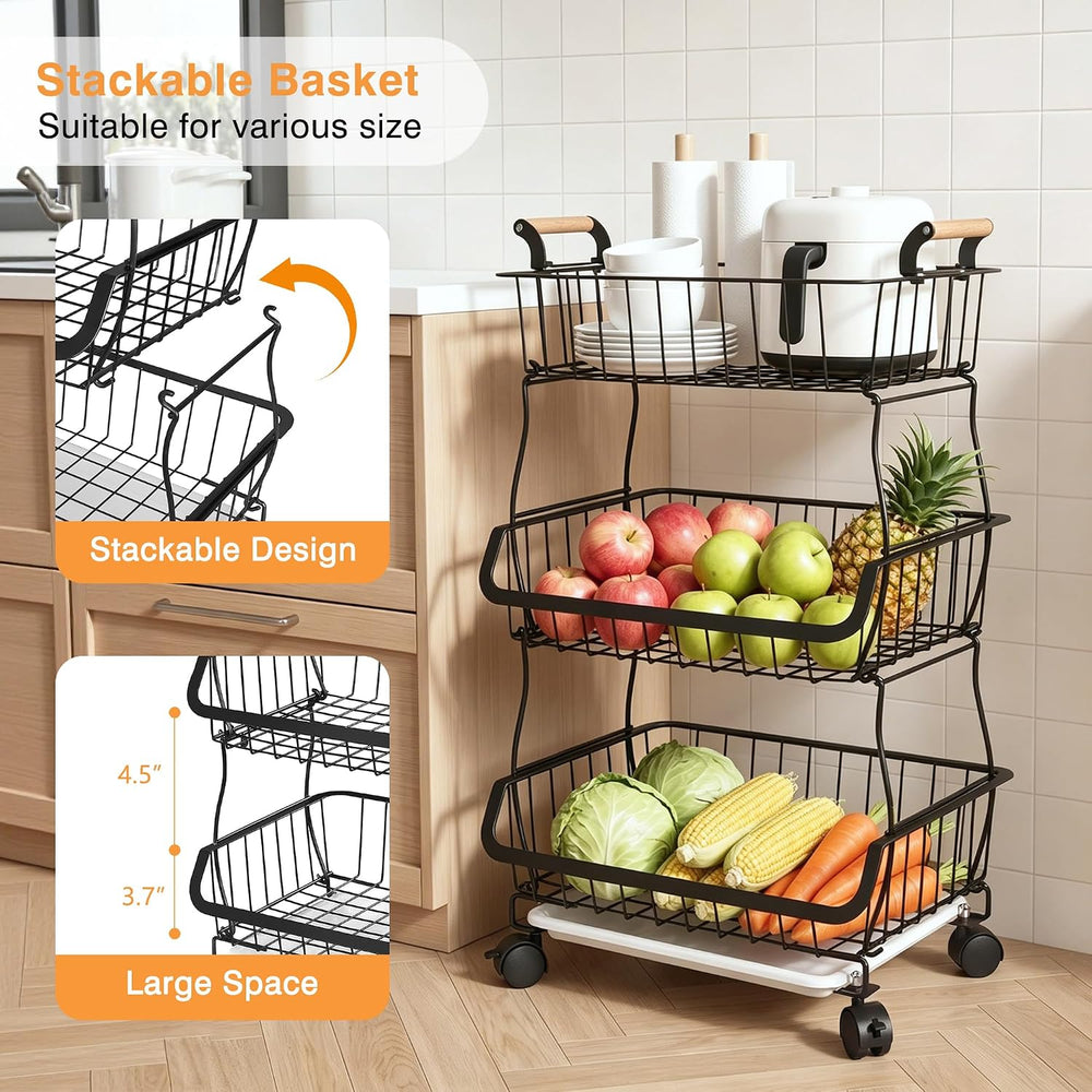 VECELO 3-Tier Fruit Basket with Wheels, Fruit and Vegetable Storage Cart for ...