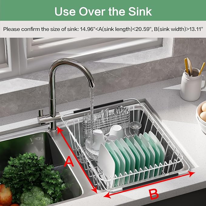 Large Sink Dish Drying Rack, Expandable 304 Stainless Steel Metal Dish Drainer