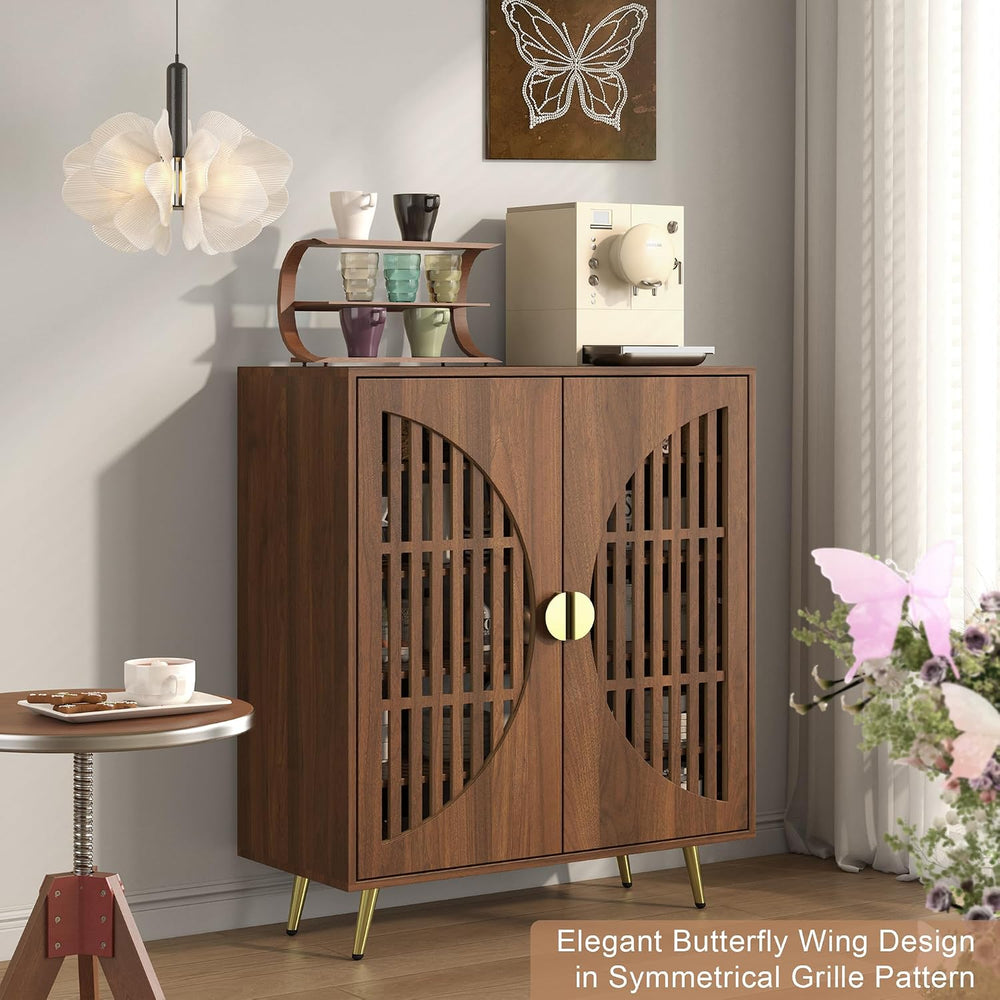 5-Tier Walnut Shoe Storage Cabinet with 2 Slatted Doors, Shoe Cupboard with A...