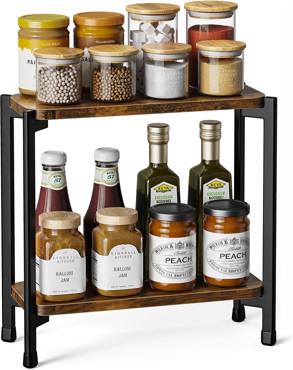pickpiff 2 Tier Spice Rack Organizer for Kitchen Countertop, Wood and Metal Seasoning Shelf, Space-Saving Spice Organizer for Kitchen Counter, Coffee Bar and Dining Table, Brown