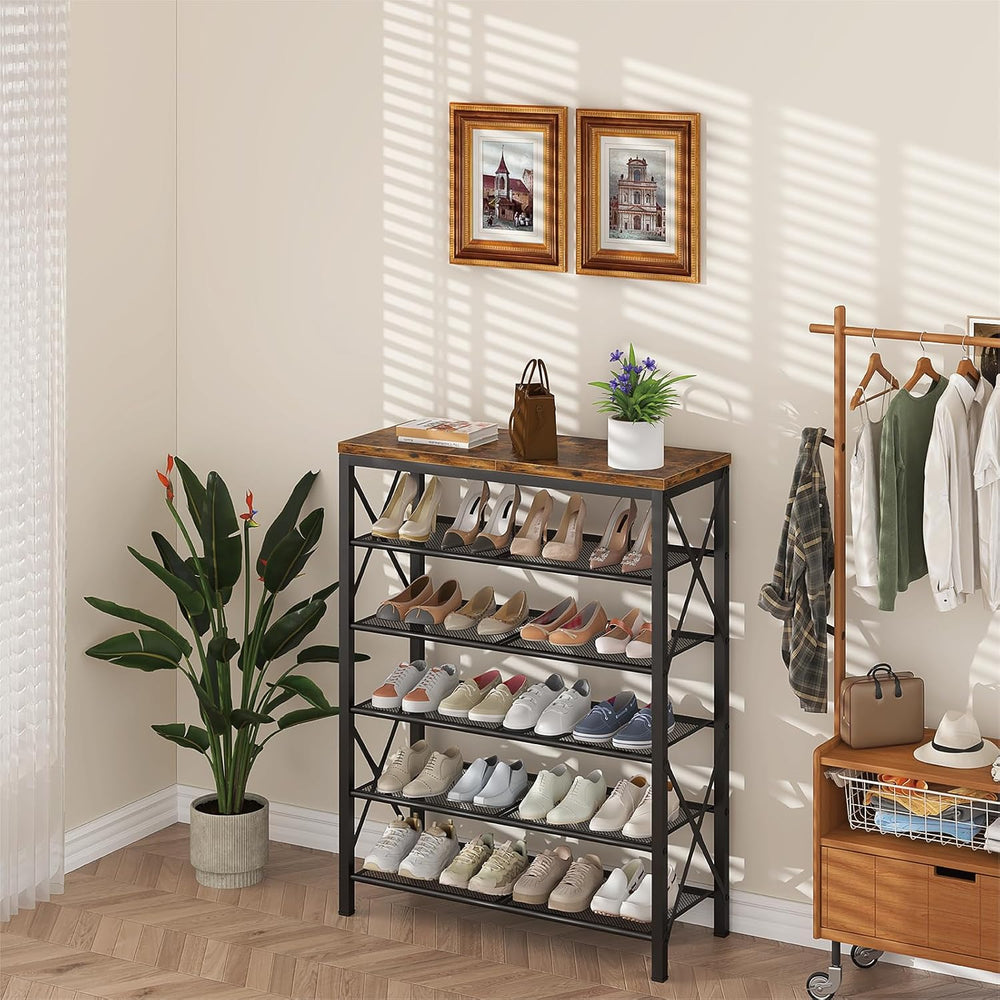 6 Tier Shoe Rack, Metal Shoe Stand with Wooden Top, Sturdy Shoe Shelf for Ent...
