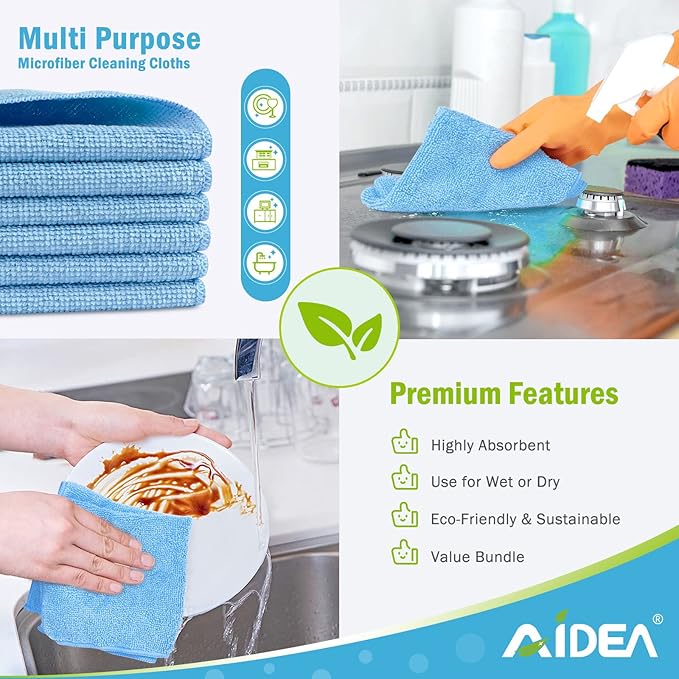 AIDEA Blue Microfiber Cleaning Cloth 24PK, Soft Absorbent Cleaning Rags - Image 6