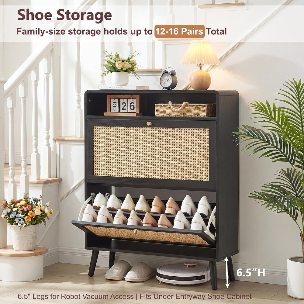 Rattan Shoe Cabinet with 2 Flip Drawers, 16 Pairs Narrow Shoe Storage Cabinet...