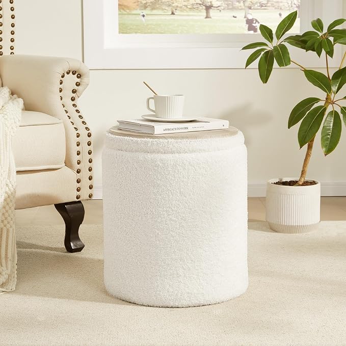 Boucle Round Ottoman with Storage Set of 2, Small Foot Stool Ottoman - Image 3
