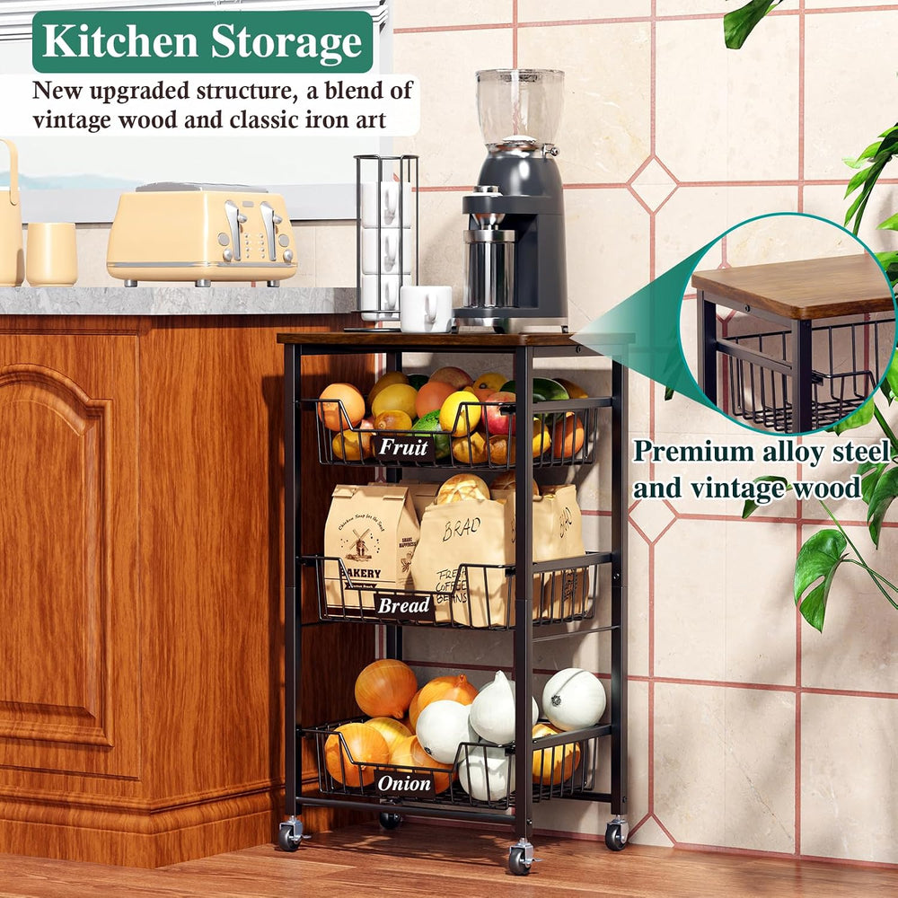 OKZEST 4-Tier Kitchen Storage Cart with 3 Upgraded Drawer Basket & Wood Top