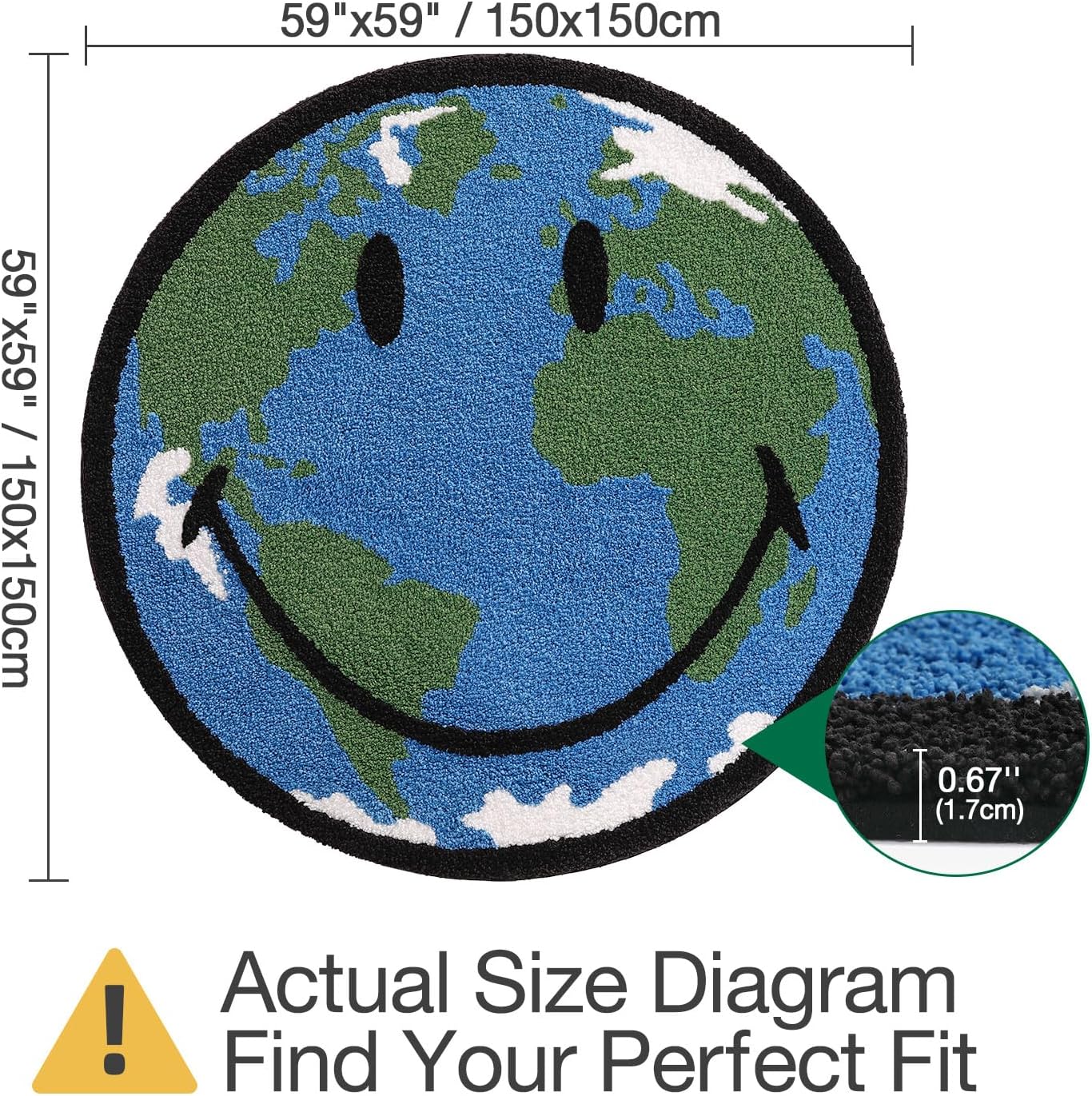 LUMI 5ft Round High Pile Smile Earth Globe Bathroom Rugs Non Slip, Absorbent Ultra Soft Microfiber Moss Circle Bath Mat, Washable Area Rug for Shower, Sink, Living Room, Kids Room and Nursery Room