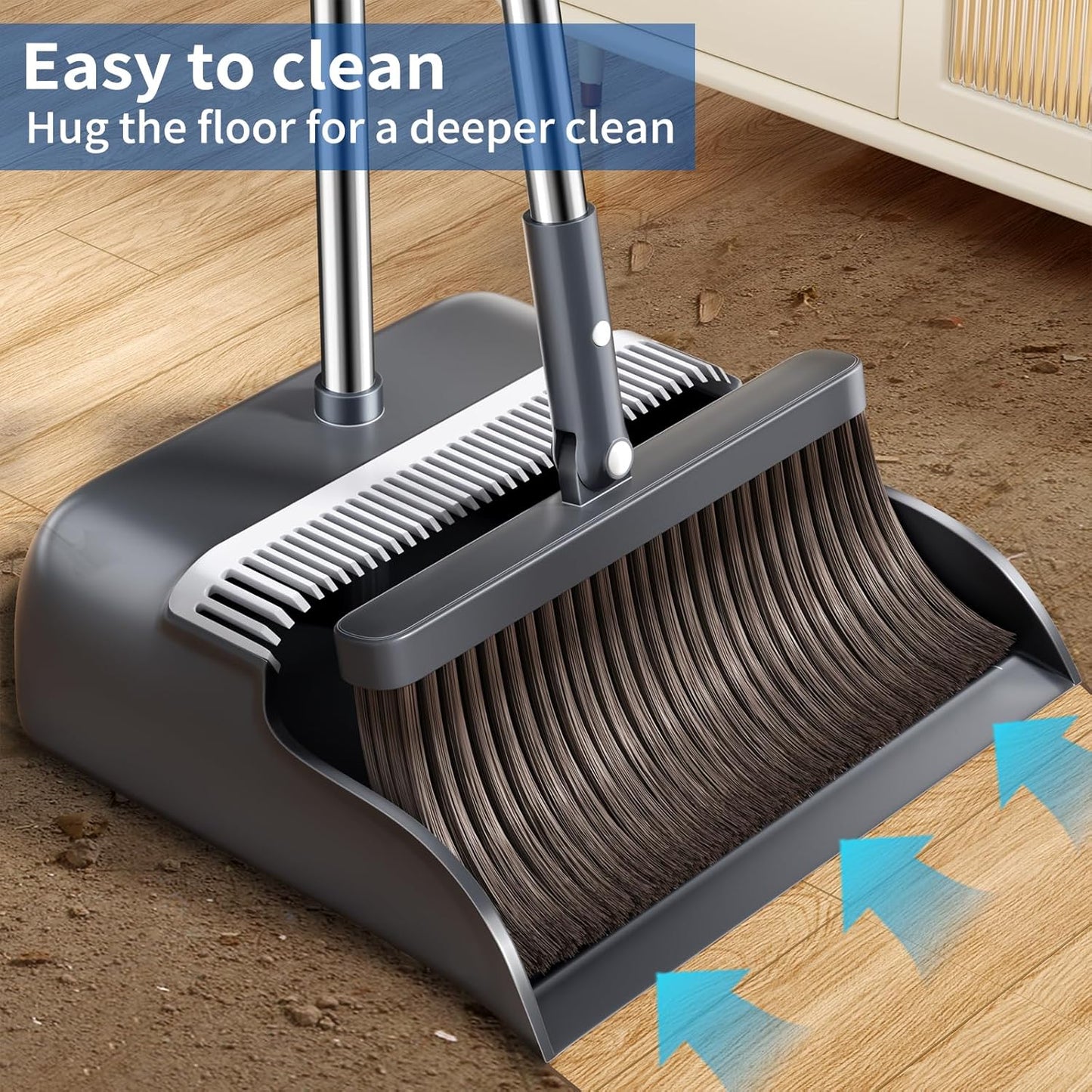 Broom with Dustpan Combo Set, Broom and Dustpan Set with 51.6" Long Handle & Two Broom Heads, Brooms with Dust Pan Teeth for Pet Hair, Indoor&Outdoor Sweeping, Home, Kitchen, Office