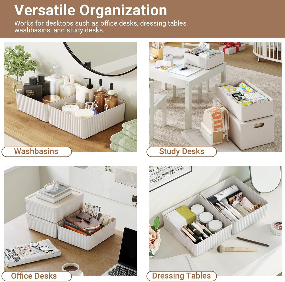 Decorative Storage Bins with Lids, Set of 6, 3 Size Baskets, Ivory