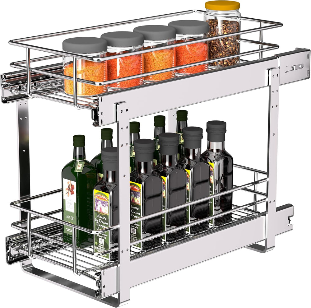 JOWBOOW 2-Tier Narrow Cabinet Pull Out Shelves, 8" W x 22" D, Chrome