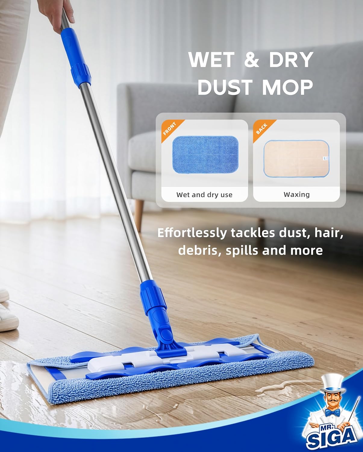 MR.SIGA Professional Microfiber Mop for Hardwood, Laminate, Tile Floor Cleaning, Stainless Steel Telescopic Handle - 3 Reusable Flat Mop Refills and 1 Dirt Removal Scrubber Included