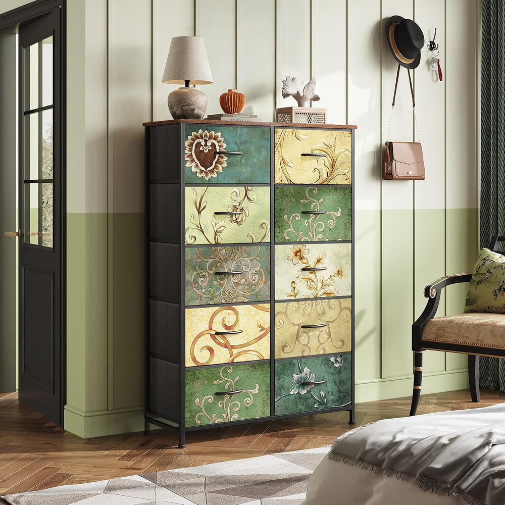 WLIVE Tall Dresser for Bedroom with 10 Fabric Drawers, Floral Painted