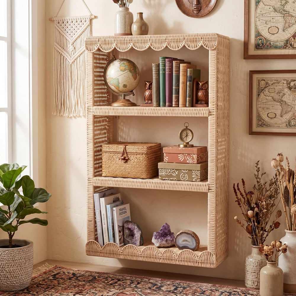 Pinkunn Scalloped Rattan Wall Hanging Storage Shelf Boho Wall Decor and Woven...
