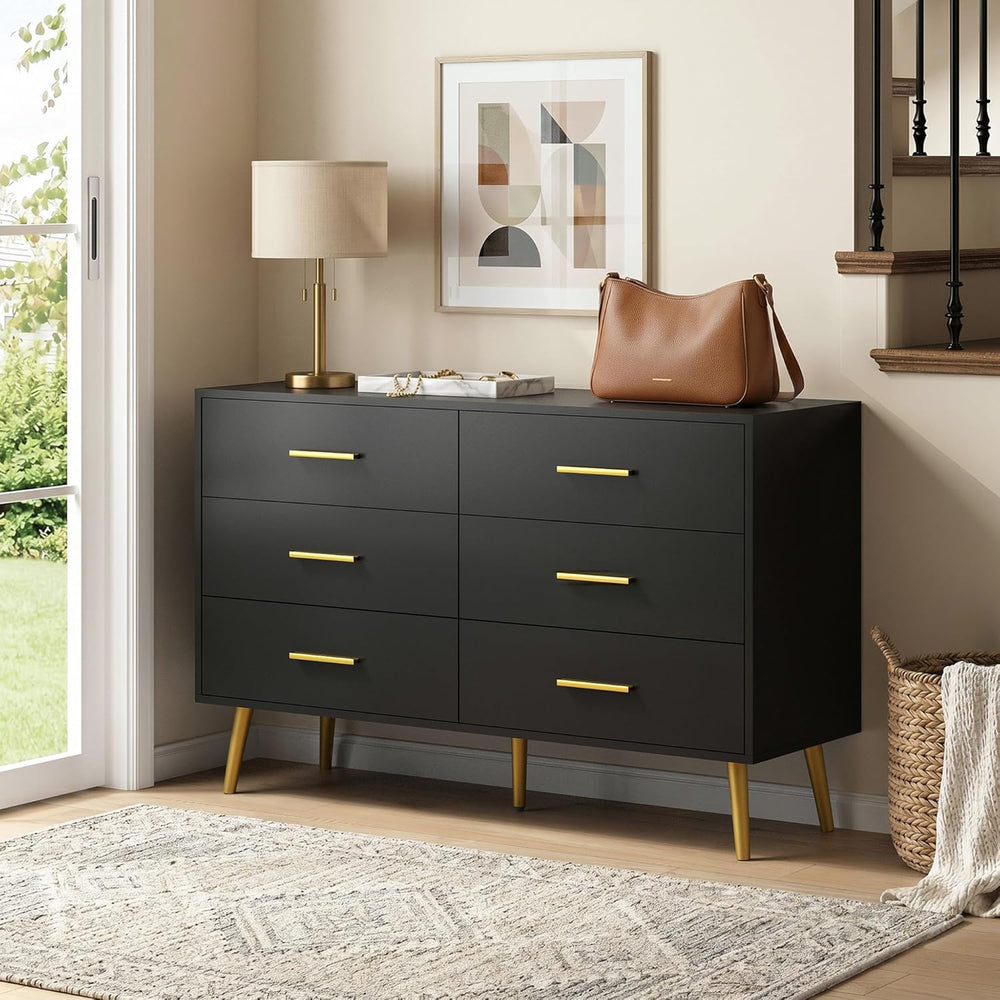 Black 6 Drawer Dresser for Bedroom, 47" Wood Dresser with Gold Handles.