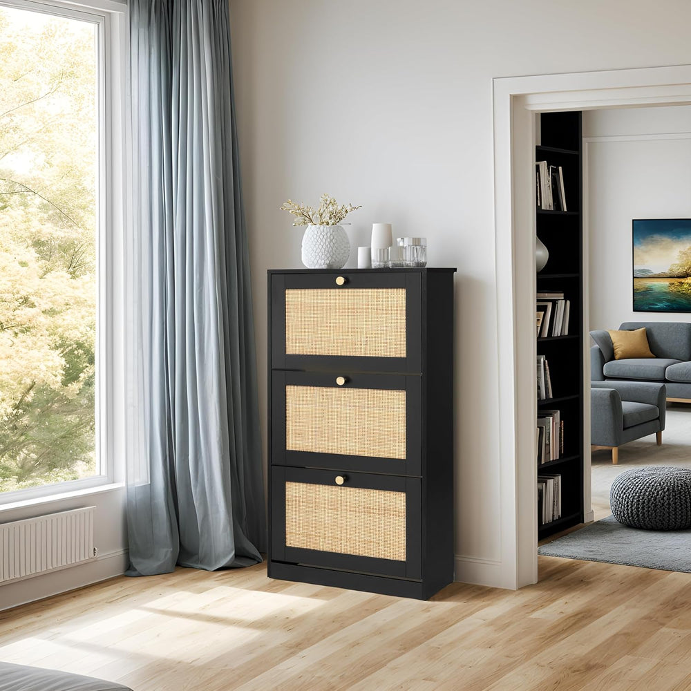 Finnhomy 3 Tier Shoe Cabinet with Natural Rattan Flip Drawers for Entryway, F...