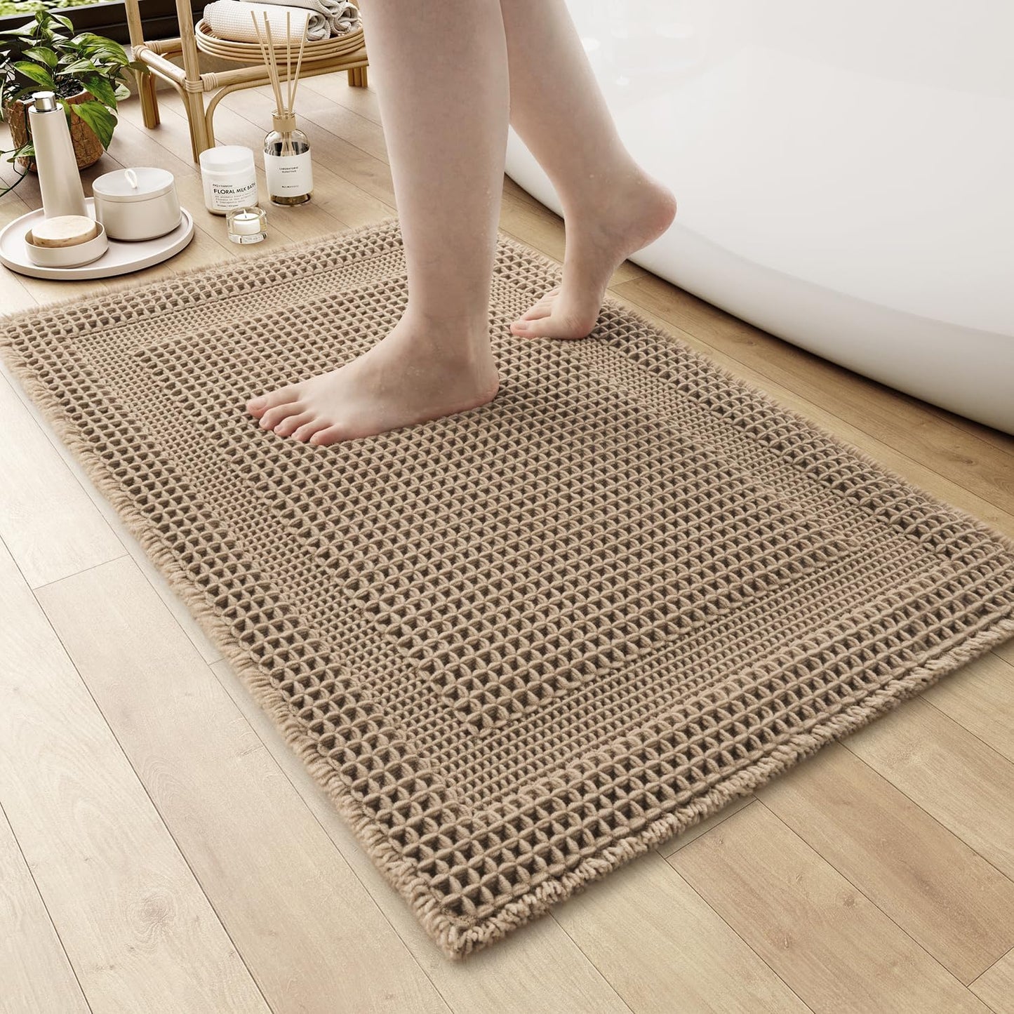 AMOAMI Waffle Bath-Mat, 24"x36" Super Absorbent Bath Mats for Bathroom Non Slip, Machine Washable Bathroom Rugs with Tassels Ultra Soft Boho Bath Rugs for Floor Beige