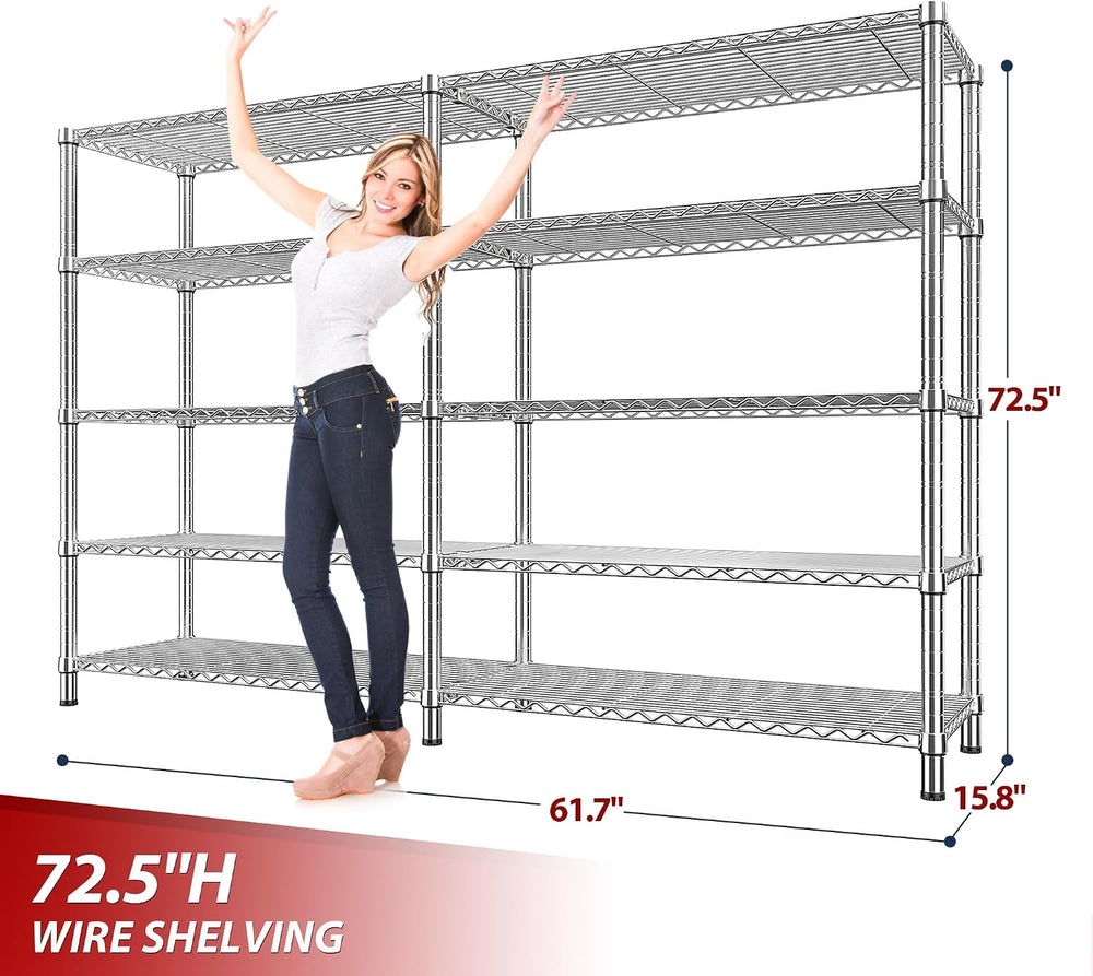 REIBII 1500LBS Storage Shelves 61.7''W Wire Shelving Unit 5 Tier Meta...