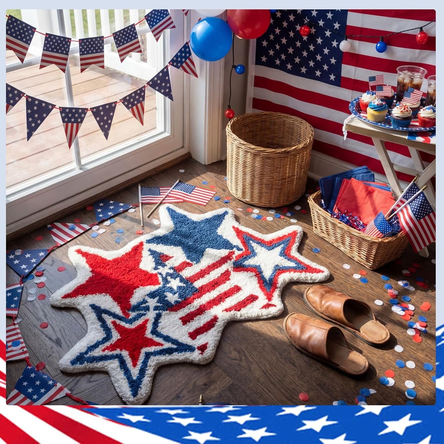 Tinideya 32"x20" 4th of July Bath Mat Patriotic Stars Tufted Rug, American Flag Memorial Day Non-slip Doormat, Funny Independence Day Decorative Carpet for Bathroom Kitchen Shower Living Room Entryway