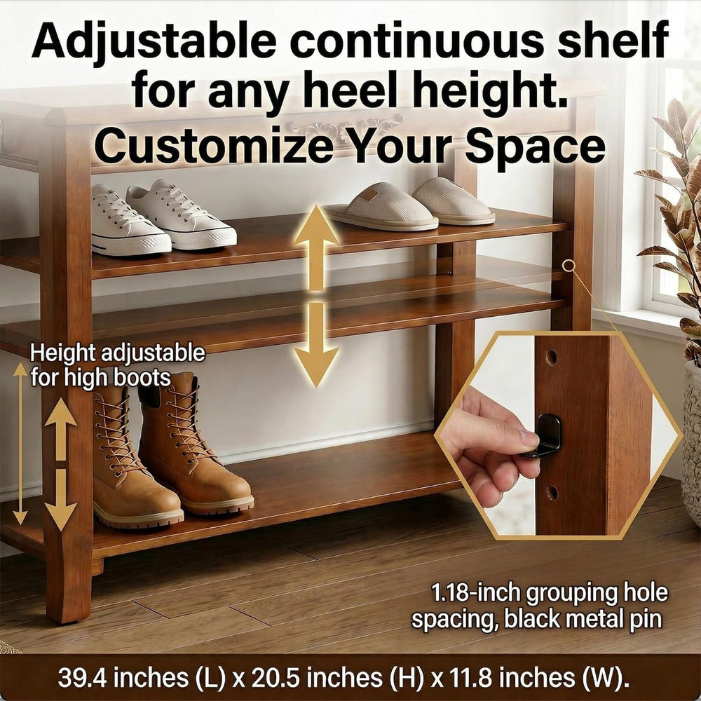 Shoe Rack Bench with Storage 3 Tier Solid Wood Entryway Shoe Rack 39.4"