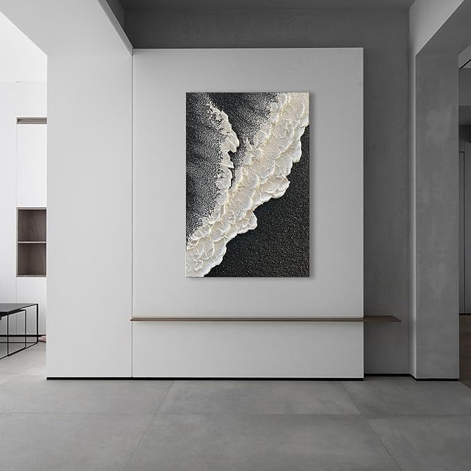 NANKAI Handcrafted Thick Texture Black and White Abstract Canvas Art Ocean Wave - Image 4