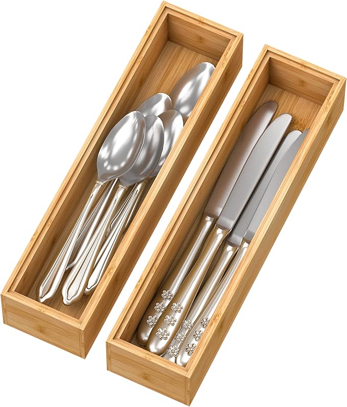 Bamboo Kitchen Drawer Organizer, Stackable Silverware Tray Utensil Organizer by Bambloom