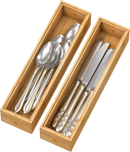 Bamboo Kitchen Drawer Organizer, Stackable Silverware Tray Utensil Organizer by Bambloom