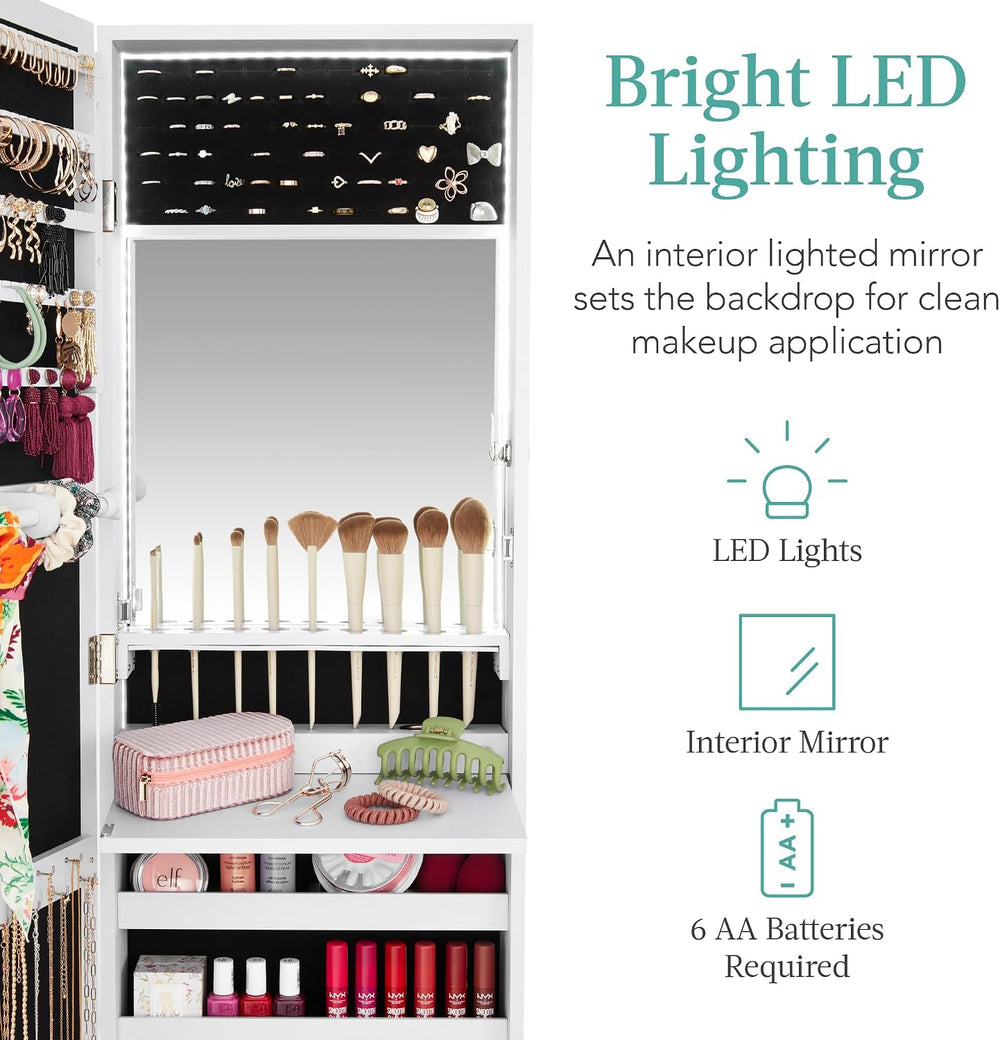 Best Choice Products LED Mirror Jewelry Cabinet, Tall Lockable Wall or Door M...