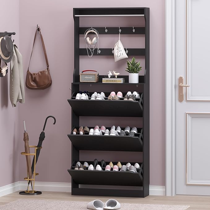 Shoe Cabinet with 3 Flip Drawers & Coat Rack, Narrow Hidden Shoe Storage Cabinet - Image 7