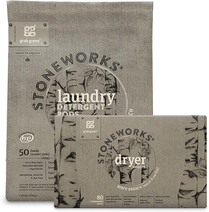 Grab Green Stoneworks Laundry Detergent Pods and Dryer Sheet Bundle, Birch by GrabGreen